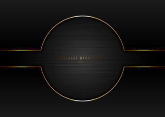Abstract black circle with gold border frame on dark metallic background and texture.