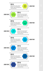 Hexagon infographic design template with 8 options and arrows. Vector business line concept. Can be used for diagram, web, banner, workflow layout,, flow chart, info graph, timeline, content, levels.