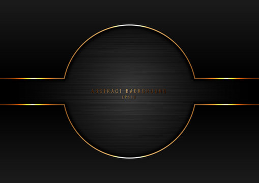 Abstract black circle with gold border frame on dark metallic background and texture.