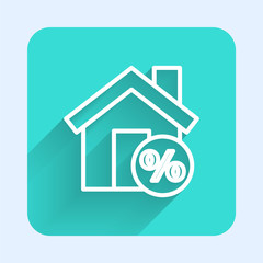 White line House with percant discount tag icon isolated with long shadow. House percentage sign price. Real estate home. Green square button. Vector Illustration