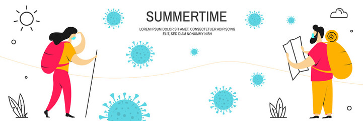 Man and woman tourists with backpacks use a masks. Vector. Modern people character vector illustration flat design. Use in Web Project and Applications. Hiking horizontal banner