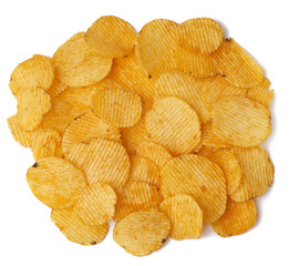 heap of corrugated round yellow fried potato chips isolated on white background