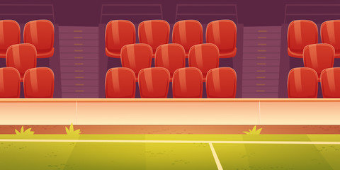 Seats on sport stadium with soccer, football or basketball field. Vector cartoon illustration of empty fan tribune with rows of plastic red chairs and green grass on court