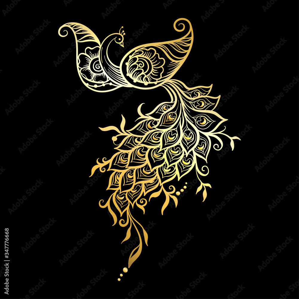 Wall mural Eastern ethnic style compositions, mehendi, traditional indian henna floral ornament with peacock. Element for design in gold and black. Vector illustration. - Wall murals