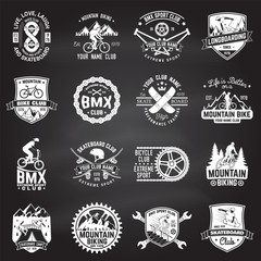 Set of bmx, skateboard, mtb extreme sport club badge on chalkboard. Vector. Concept for shirt, logo, print, stamp, tee with man ride on a sport bicycle, skateboard and bmx. Extreme sport club badge