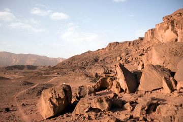 Timna park, Israel - December, 2019. Desert landscape near Eilat with rock on a sunny day in the afternoon.