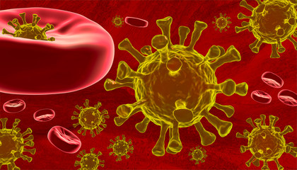 Covid-19 Coronavirus Viren 3D mit roten Blutkörperchen auf rotem Hintergrund
