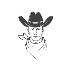 Cowboy face isolated on the white background. Element for shirt, logo, print, stamp, tee. Vector. Wild west.