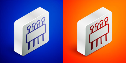 Isometric line Needle for sewing icon isolated on blue and orange background. Tailor symbol. Textile sew up craft sign. Embroidery tool. Silver square button. Vector Illustration