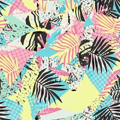 Abstract vector pattern suitable for printing children's prints on textiles, fabrics, clothes, boys, girls.Geometric pattern with tropical leaves monstera retro style. Jungle ornament. Memphis. © Irina