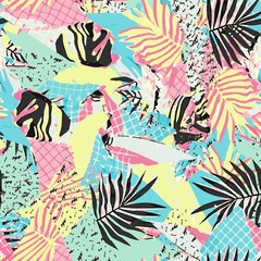 Abstract vector pattern suitable for printing children's prints on textiles, fabrics, clothes, boys, girls.Geometric pattern with tropical leaves monstera retro style. Jungle ornament. Memphis.