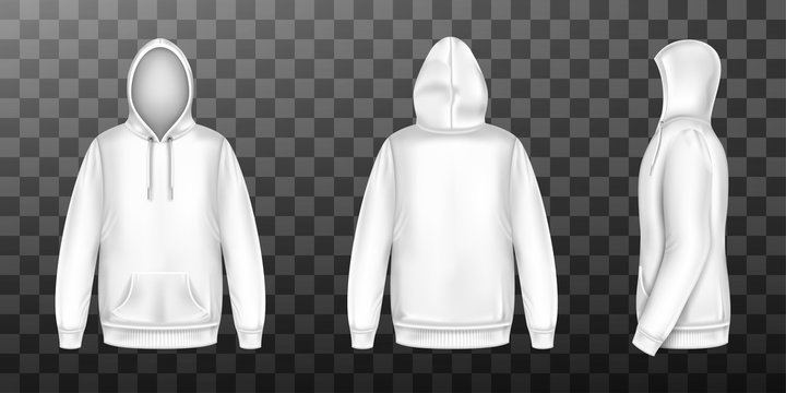 Hoody, white sweatshirt mock up front side back view set. Isolated hoodie with long sleeves, kangaroo muff pocket and drawstrings. Sport, casual or urban clothing fashion, Realistic 3d vector mockup