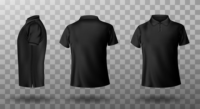 Men black polo shirt front and back view. Vector realistic mockup of male blank t-shirt with collar and short sleeves, sport or casual apparel isolated on transparent background