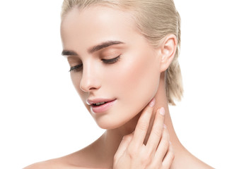Obraz na płótnie Canvas Blonde hair woman clean skin healthy cosmetic skin care concept portrait