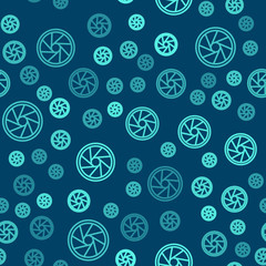 Green line Camera shutter icon isolated seamless pattern on blue background. Vector Illustration
