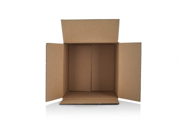 Opened cardboard box isolated on white background