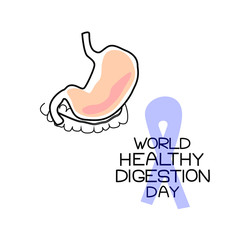 World Healthy Digestion Day, vector illustration depicting a stomach, a blue ribbon and the inscription