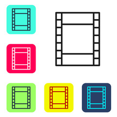 Black line Play Video icon isolated on white background. Film strip sign. Set icons in color square buttons. Vector Illustration