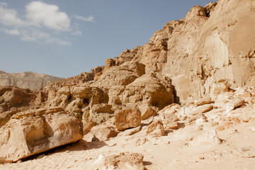 Timna park, Israel - December, 2019. Desert landscape near Eilat with rock on a sunny  day in the afternoon.