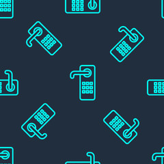Green line Digital door lock with wireless technology for unlock icon isolated seamless pattern on blue background. Door handle sign. Security smart home. Vector Illustration