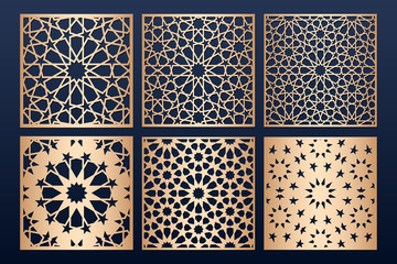 Laser cut panel template set with islamic alhambra pattern. May be used for paper, metal, wood cutting. Arabic stencil pattern. Traditional islamic ornament. - obrazy, fototapety, plakaty