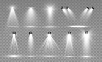 Searchlight collection for stage lighting, light transparent effects. Bright beautiful lighting with spotlights.