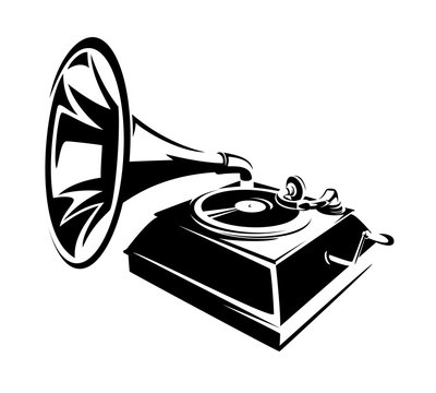 recommend clip art: retro style gramophone record player for vinyl - black and white antique phonograph vector outline