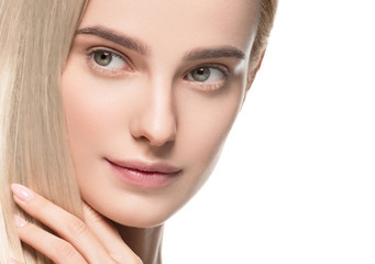 Naklejka premium Beautiful blonde hair clean skin beauty female cosmetic model portrait 