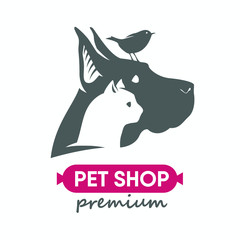 Pet shop logo. Animals cat, dog, bird icon. Vector illustration