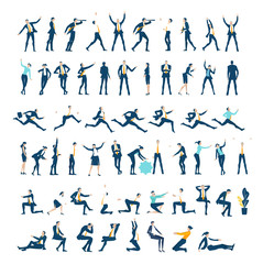 Set of active business people in different situation. Businessman, business woman, sitting, running, talking, moving objects. Silhouettes for your own design