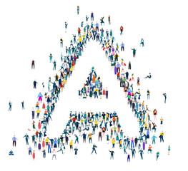 Alphabet. Letter made of many little people, crowd creation. Lots of busy people create letter shape. 