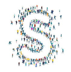 Alphabet. Letter made of many little people, crowd creation. Lots of busy people create letter shape. 
