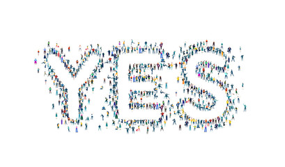 Word Yes made of many little people, crowd creation. Lots of busy people created the Yes word 