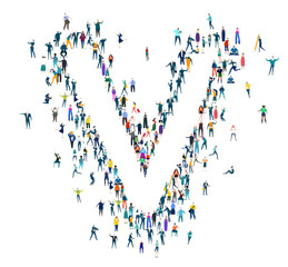 Alphabet. Letter made of many little people, crowd creation. Lots of busy people create letter shape. 