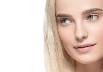 Obraz premium Beautiful blonde hair clean skin beauty female cosmetic model portrait 