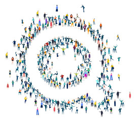 Alphabet. Letter made of many little people, crowd creation. Lots of busy people create letter shape. 