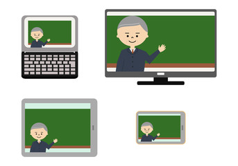オンライン授業　パソコン　スマホ　イラストセット