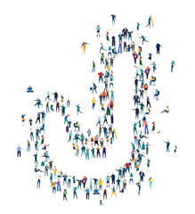 Alphabet. Letter made of many little people, crowd creation. Lots of busy people create letter shape. 