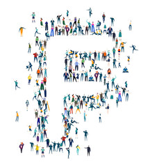 Alphabet. Letter made of many little people, crowd creation. Lots of busy people create letter shape. 