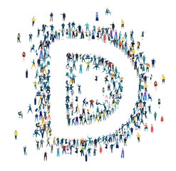 Alphabet. Letter made of many little people, crowd creation. Lots of busy people create letter shape. 