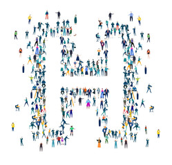 Alphabet. Letter made of many little people, crowd creation. Lots of busy people create letter shape. 