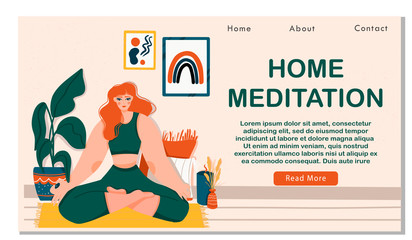 Online yoga at home, cute girl meditating. Cartoon style girl in casual clothes with doing meditation online in her room for a banner, landing page or mobile app. Vector flat illustration.