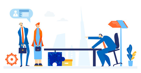 Boss talking to employee. Business people in the City solving the problems and  working together. Management, support, advisory and financial of technical service delivery  concept. 