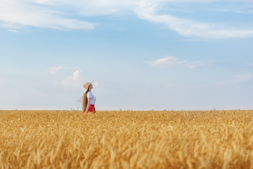 Huge wheat field and young girl in distance. Vacation in countryside