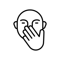 Cover mouth with hand while sneezing. Linear icon of touch face or don't talk. Illustration of yawn out of boredom, close nose from bad smell, hygiene rules. Contour isolated vector, white background