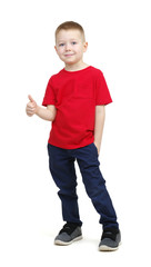 boy in red t-shirt showing thumbs up