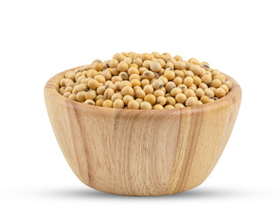 Soy bean in wooden bowl isolated on white background with clipping path