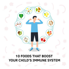 Immune system vector protection. Health bacteria virus protection. Medical prevention human boosters. Healthy child kid boy reflect bacteria attack. Boost Immunity with medicine concept illustration.