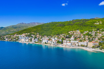 Croatian coastline, beautiful town of Opatija in Kvarner riviera, aerial panoramic view of popular...