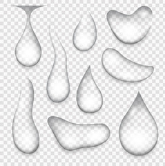 Water drops or liquid rain droplet design elements.  Set of condensation bubbles or realistic drip, H2O. Realistic water drops, drops after the rain.